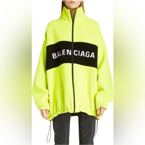 NWT Balenciaga Logo Yellow Fluo Wool Oversized Jacket Drawcord Hem 571439 - Picture 10 of 16